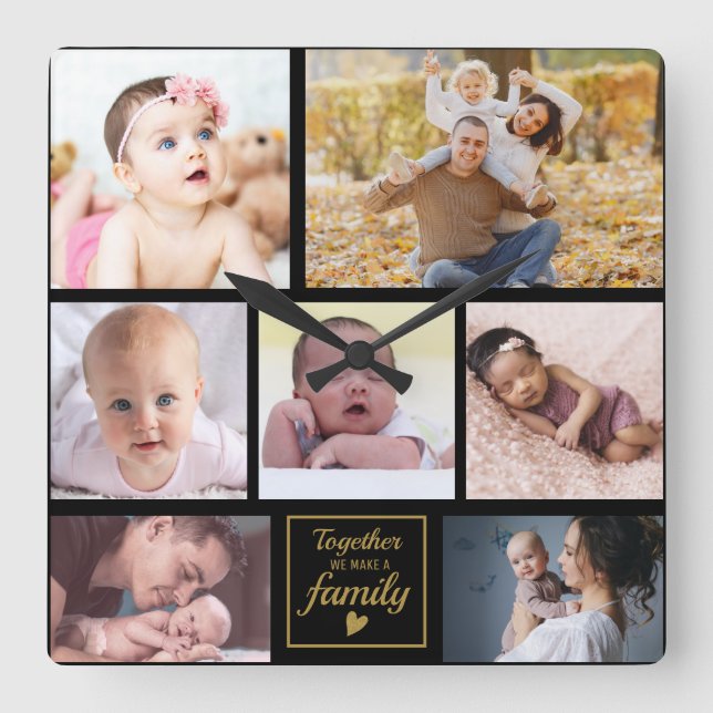 Custom 7 Photo Collage Gold Family Quote Black Square Wall Clock (Front)