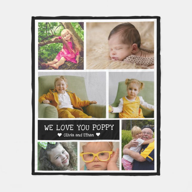Custom 7 Photo Collage We Love You Poppy Fleece Blanket (Front)
