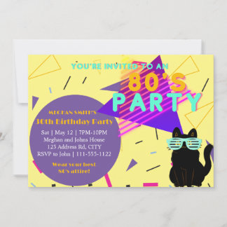 Custom 80's Retro Black Cool Cat Throwback Party Invitation