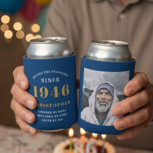 Custom 80th Birthday Blue Gold With Photo Can Cooler