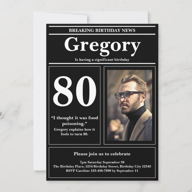 Custom 80th Birthday Funny Quote Retro Newspaper Invitation (Front)