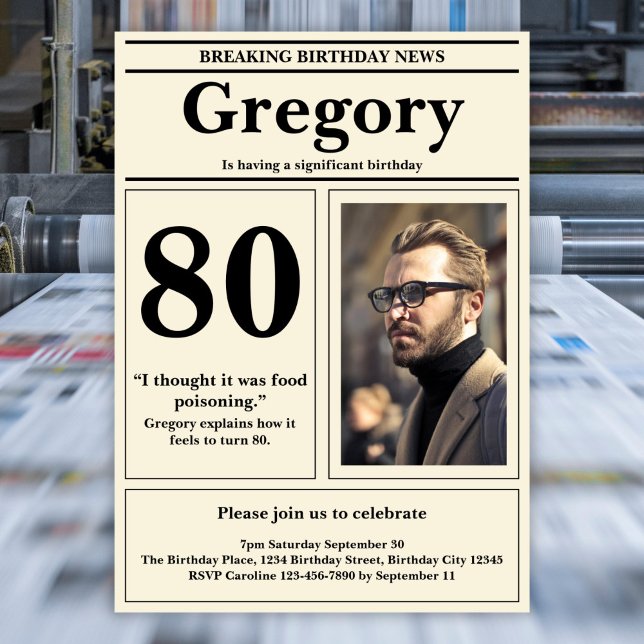 Custom 80th Birthday Funny Quote Retro Newspaper Invitation (Creator Uploaded)