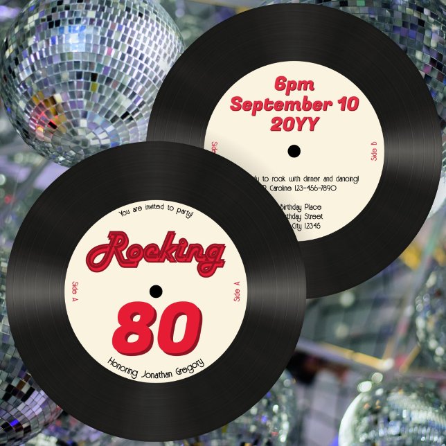 Custom 80th Birthday Retro Music Record Rocking Invitation (Creator Uploaded)