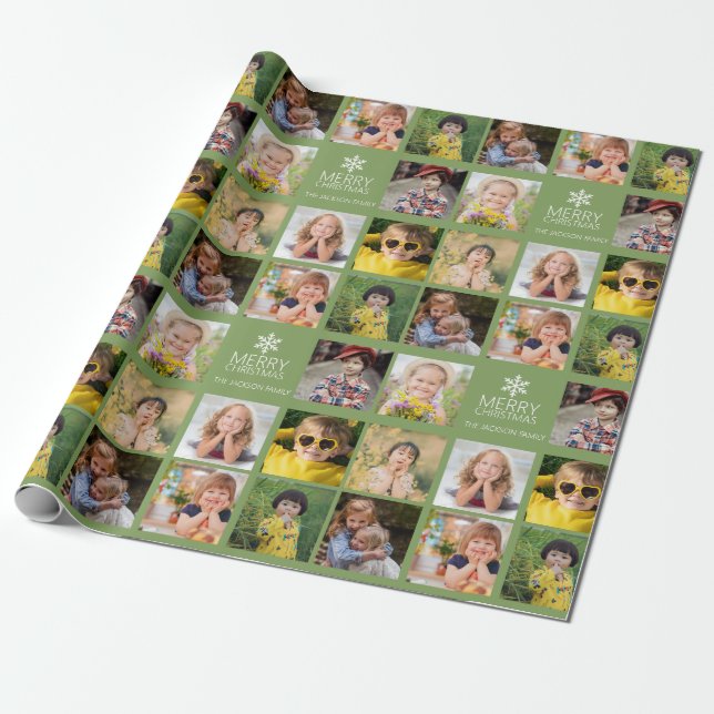 Custom 8 Photo Collage Avocado Green Christmas  Wrapping Paper (Unrolled)