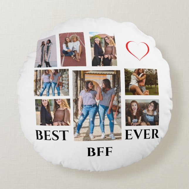 Custom 8 Photo Collage Best BFF Ever Round Cushion (Front)