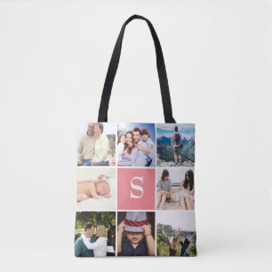 Custom 8 Photo Collage Blush Pink Monogrammed Tote Bag