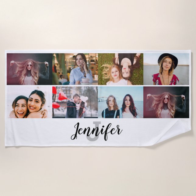 Custom 8 Photo Collage Custom Name and Monogram Beach Towel (Front)