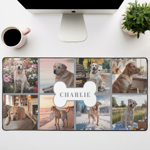 Custom 8 Photo Collage Dog Bone Pet Grey Desk Mat