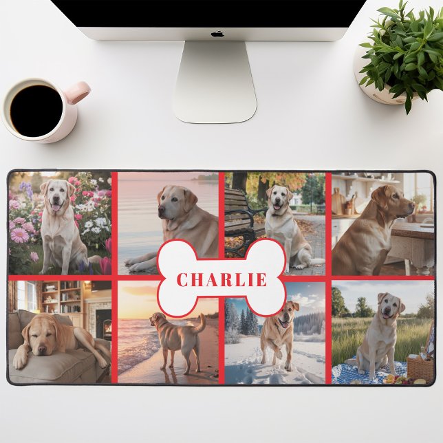 Custom 8 Photo Collage Dog Bone Pet Red Desk Mat (Creator Uploaded)