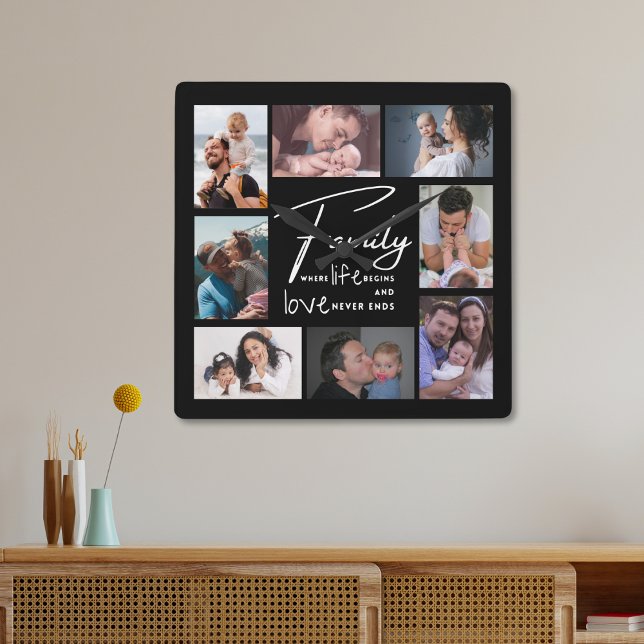 Custom 8 Photo Collage Family  Love Quote Black Square Wall Clock (Creator Uploaded)
