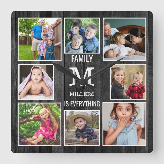Custom 8 Photo Collage Family Monogram Black Wood Square Wall Clock (Front)