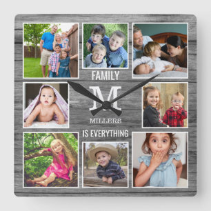 Custom 8 Photo Collage Family Monogram Grey Wood Square Wall Clock