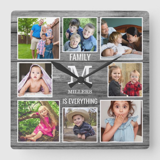 Custom 8 Photo Collage Family Monogram Grey Wood Square Wall Clock (Front)