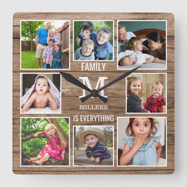 Custom 8 Photo Collage Family Monogram Rustic Wood Square Wall Clock (Front)