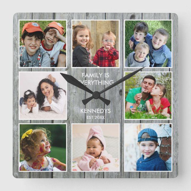 Custom 8 Photo Collage Family Name Quote Grey Wood Square Wall Clock (Front)