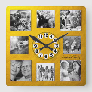 Custom 8 Photo Collage Golden Retro Family / Gold Square Wall Clock