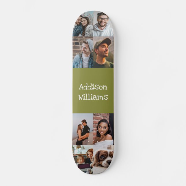 Custom 8 Photo collage Personalised Name green Skateboard (Front)