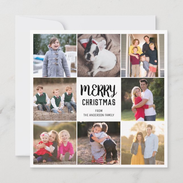 Custom 8 Photo Merry Christmas Red Gingham Plaid Holiday Card (Front)