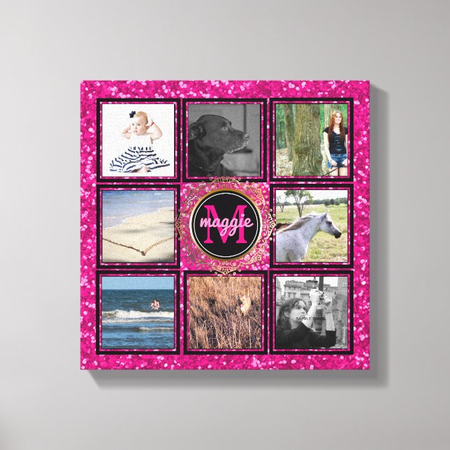 Custom 8 Square Photo Collage Girly Pink Monogram Canvas Print (Front)