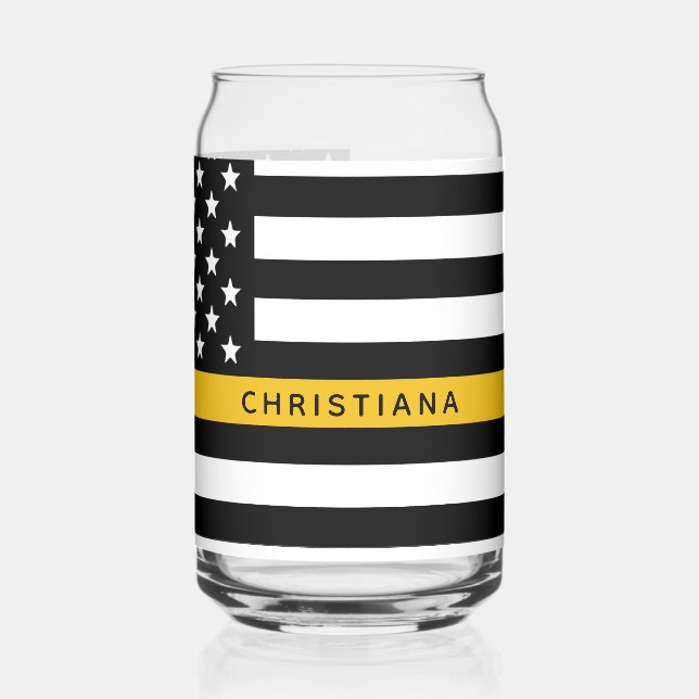 Custom 911 Dispatcher USA Flag Thin Gold Line Can Glass (Left)