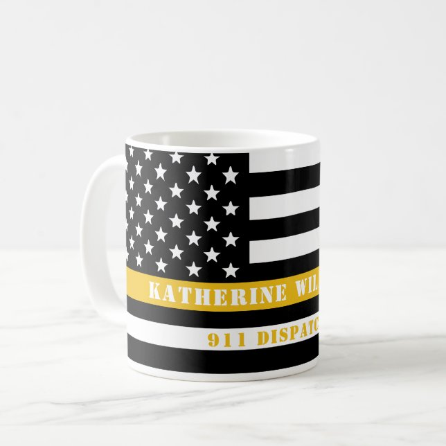 Custom 911 Dispatcher USA Flag Thin Gold Line Coffee Mug (Front Left)