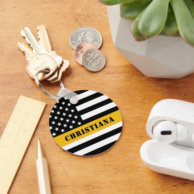 Custom 911 Dispatcher USA Flag Thin Gold Line Key Ring (Desk)