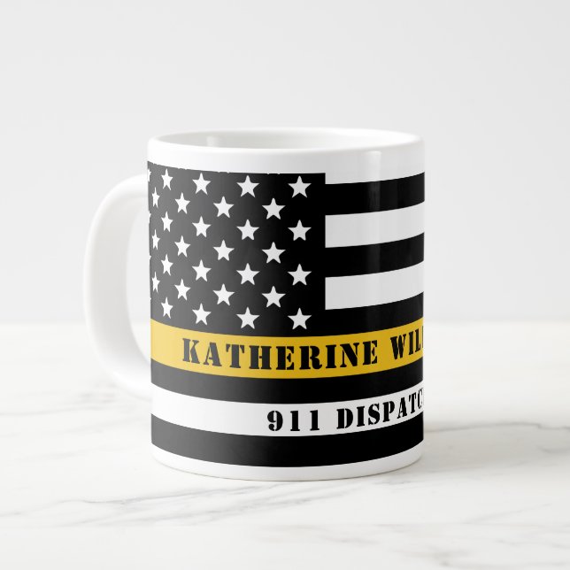 Custom 911 Dispatcher USA Flag Thin Gold Line Large Coffee Mug (Front Left)