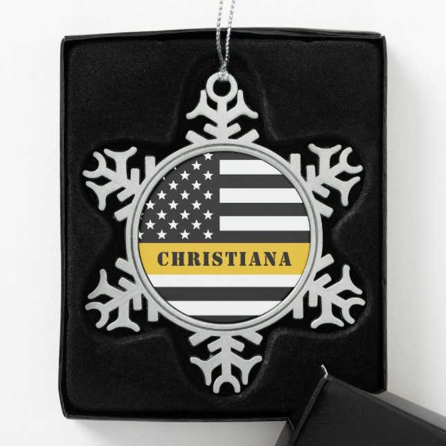 Custom 911 Dispatcher USA Flag Thin Gold Line Snowflake Pewter Christmas Ornament (Box)