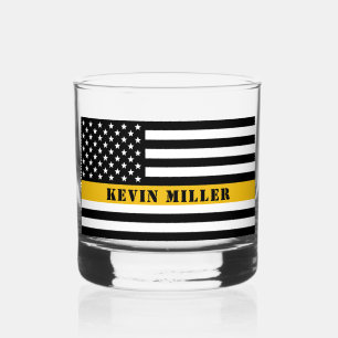 Custom 911 Dispatcher USA Flag Thin Gold Line Whiskey Glass