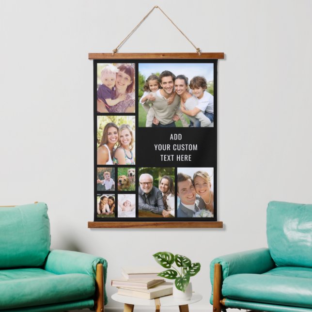 Custom 9 Photo Collage Black Hanging Tapestry (Living Room)