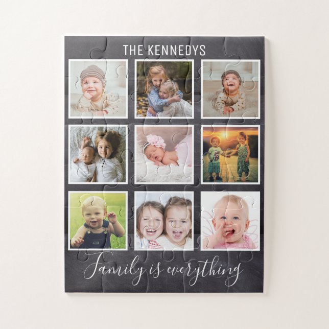 Custom 9 Photo Collage Family Chalkboard Jigsaw Puzzle (Vertical)