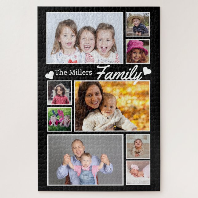 Custom 9 Photo Collage Family Name 1014 Pcs Black Jigsaw Puzzle (Vertical)
