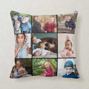 Custom 9 Photo Collage Family Quote Black Keepsake Cushion