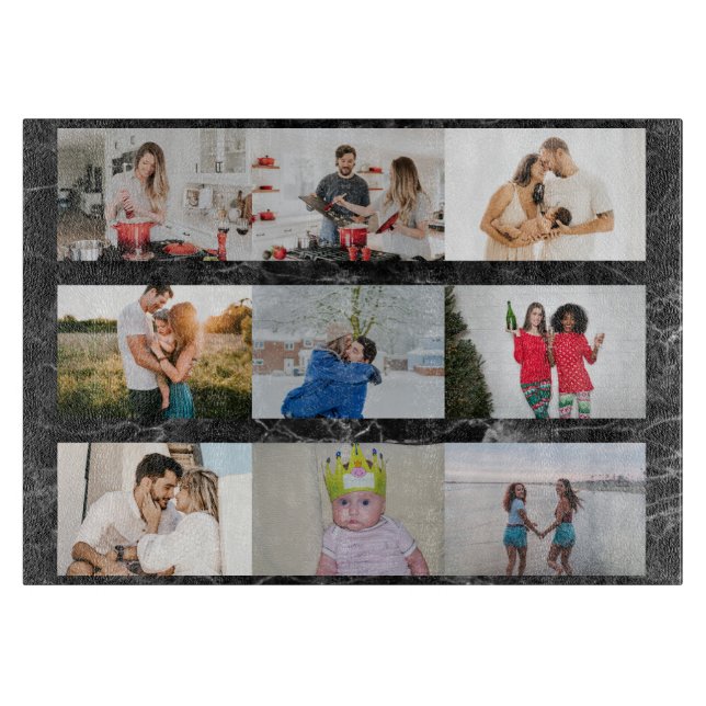 Custom 9 Photo Collage Personalised Black Marble  Cutting Board (Front)