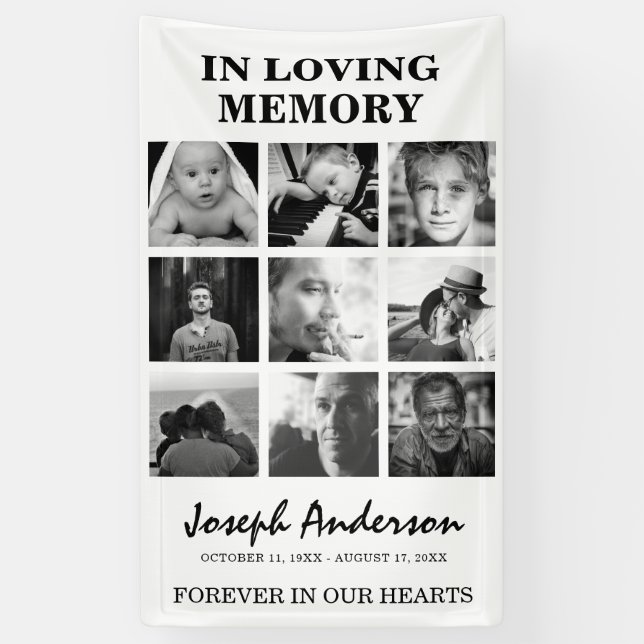 Custom 9 Photo Funeral In Loving Memory Memorial B Banner (Vertical)