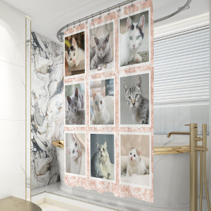 Custom 9 Square Photo Collage Rose Gold Marble Shower Curtain