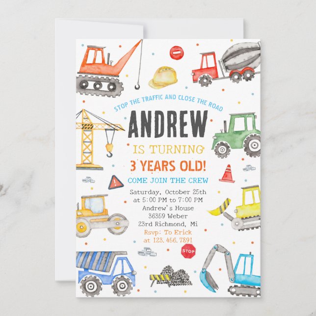 Custom A Modern Construction Birthday Party Invitation (Front)
