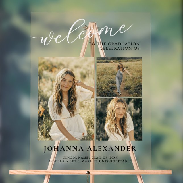 Custom Acrylic Modern 3 Photos Graduation Welcome  Acrylic Sign (Neutral)