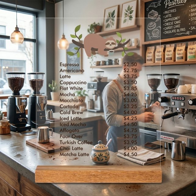 Custom Acrylic Pedestal Menu Sign with Sloth  (Creator Uploaded)