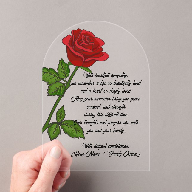 Custom Acrylic Sympathy Card with a Red Rose Acrylic Invitations (Insitu (Handheld))