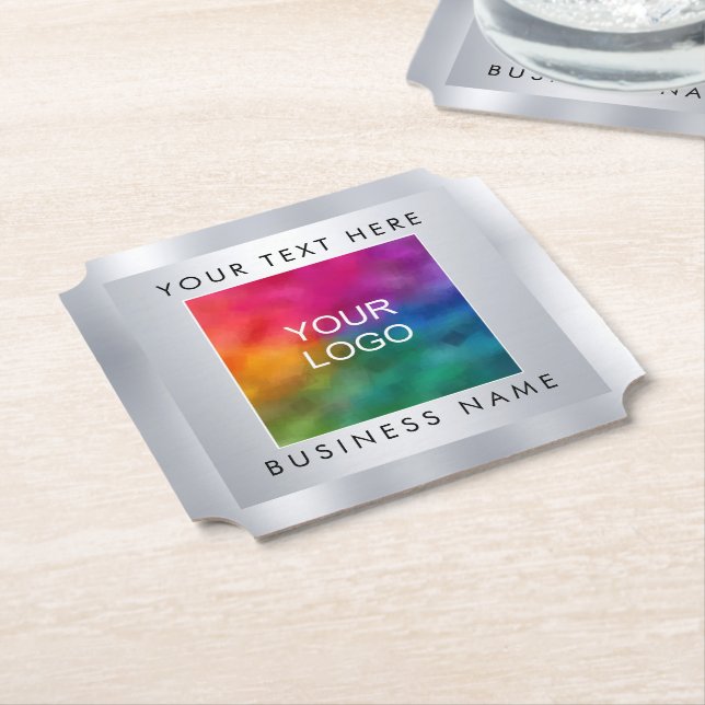 Custom Add Company Logo Here Silver Look Template Paper Coaster (Angled)