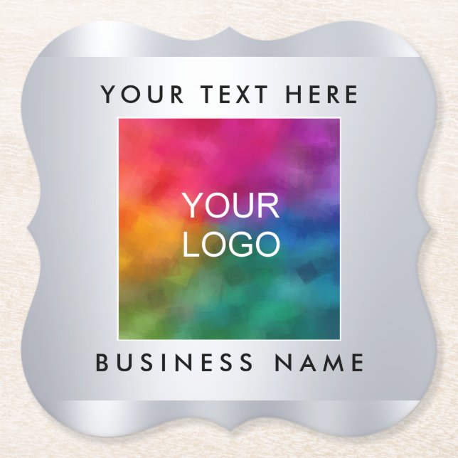 Custom Add Logo Here Faux Silver Metallic Look Paper Coaster (Front)