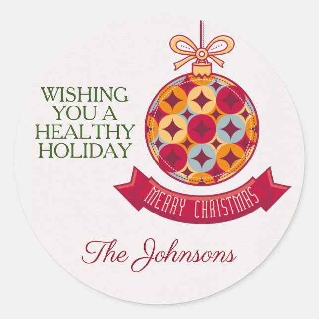 Custom Add Name Merry Christmas Holiday Bulb Classic Round Sticker (Front)