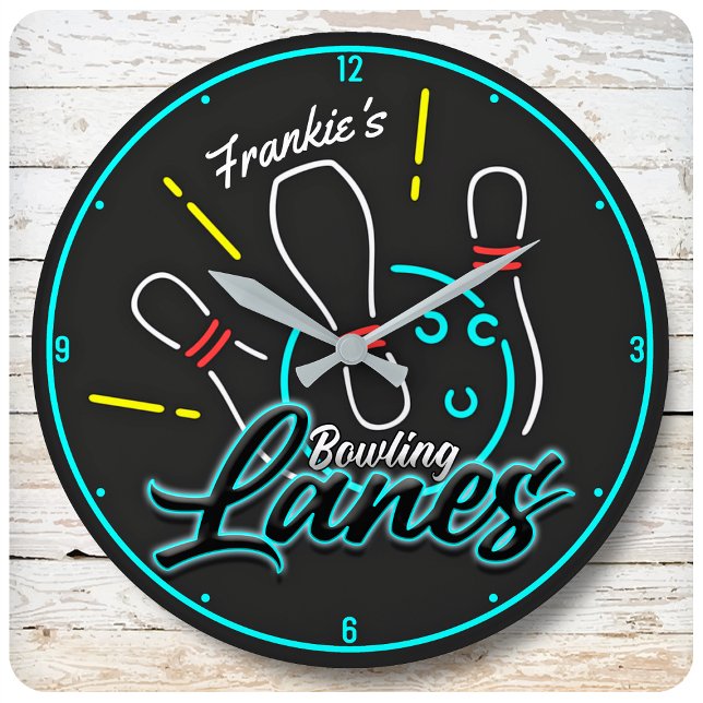 Custom ADD NAME Retro Bowler Bowling Lanes Large Clock (Creator Uploaded)