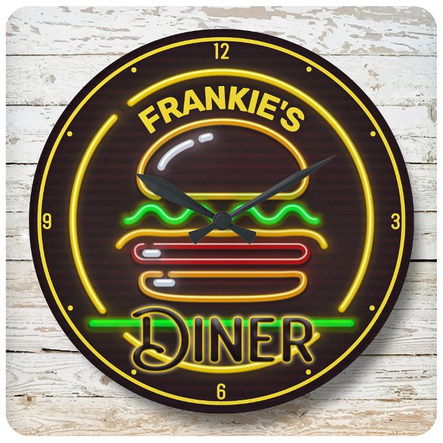Custom ADD NAME Retro Faux Neon Burger Diner Round Clock (Creator Uploaded)