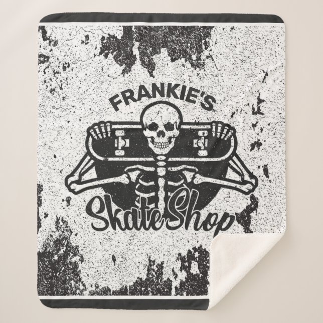Custom ADD NAME Skull Skateboard Skate Shop Sherpa Blanket (Front)