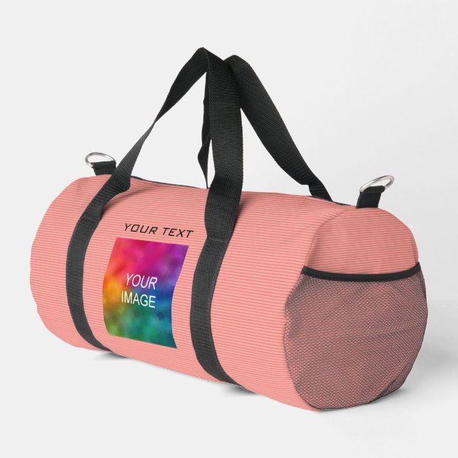 Custom Add Photo Image Text Peach Colour Striped Duffle Bag (Right Corner)