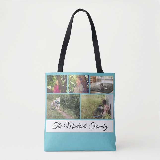 Custom Add Your Own Photo Collage and Family Name Tote Bag (Front)