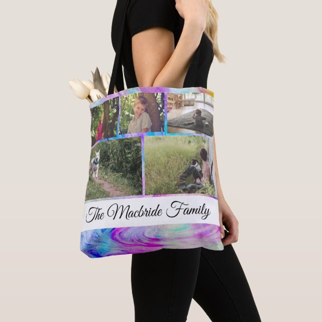 Custom Add Your Own Photo Collage and Family Name Tote Bag (Close Up)