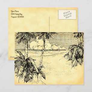 Custom Address Tropical Beach Vintage Art Postcard